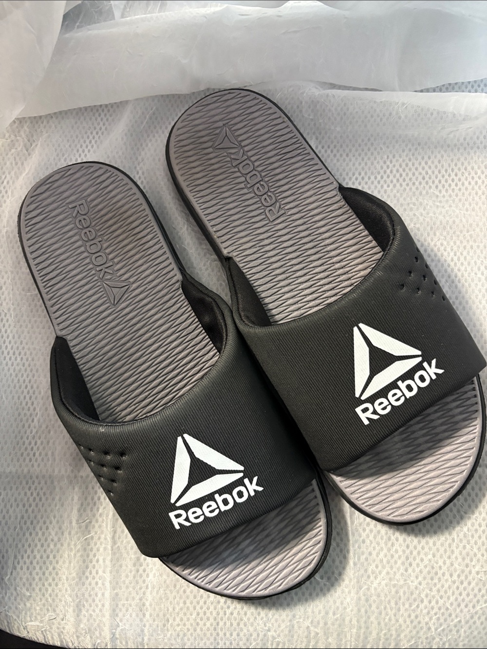 Reebok Black and Gray Slide Sandals with White Logo